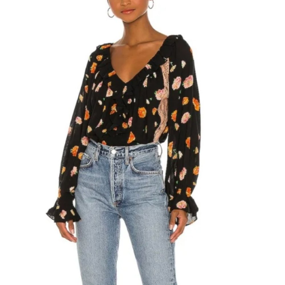 New Free People Floral Printed Long Sleeve Bodysuit
